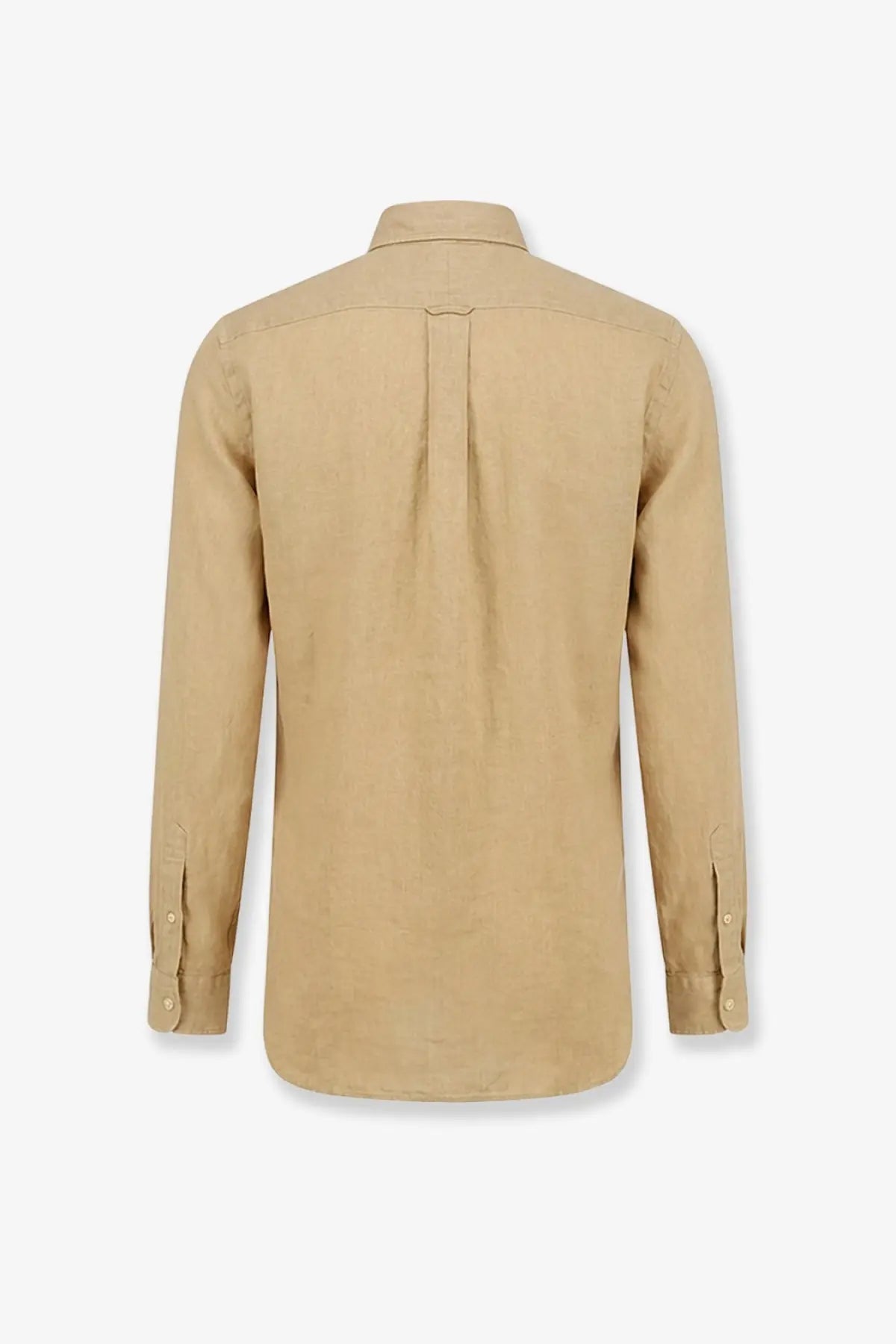 Beige linen long-sleeved button-down shirt with classic collar and subtle back pleat from polo ralph lauren