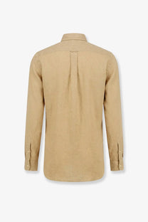 Beige linen long-sleeved button-down shirt with classic collar and subtle back pleat from polo ralph lauren