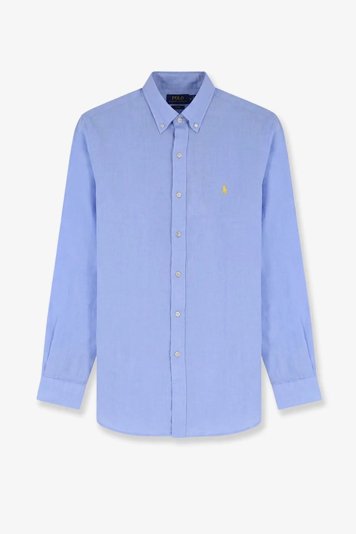 Polo Ralph Lauren men’s light blue linen shirt with yellow embroidered polo player logo and white buttons