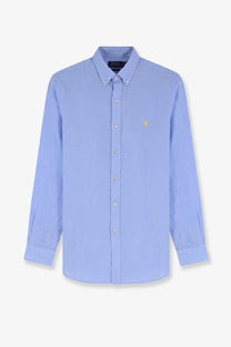 Polo Ralph Lauren men’s light blue linen shirt with yellow embroidered polo player logo and white buttons