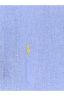 Light blue linen polo ralph lauren men’s shirt with small yellow embroidered polo player logo on the front
