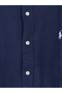 Navy blue Polo Ralph Lauren men’s linen button-down shirt with white buttons and embroidered polo player logo on chest