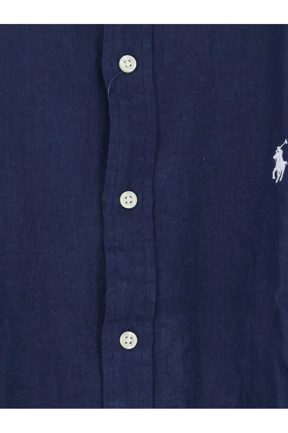 Navy blue Polo Ralph Lauren men’s linen button-down shirt with white buttons and embroidered polo player logo on chest