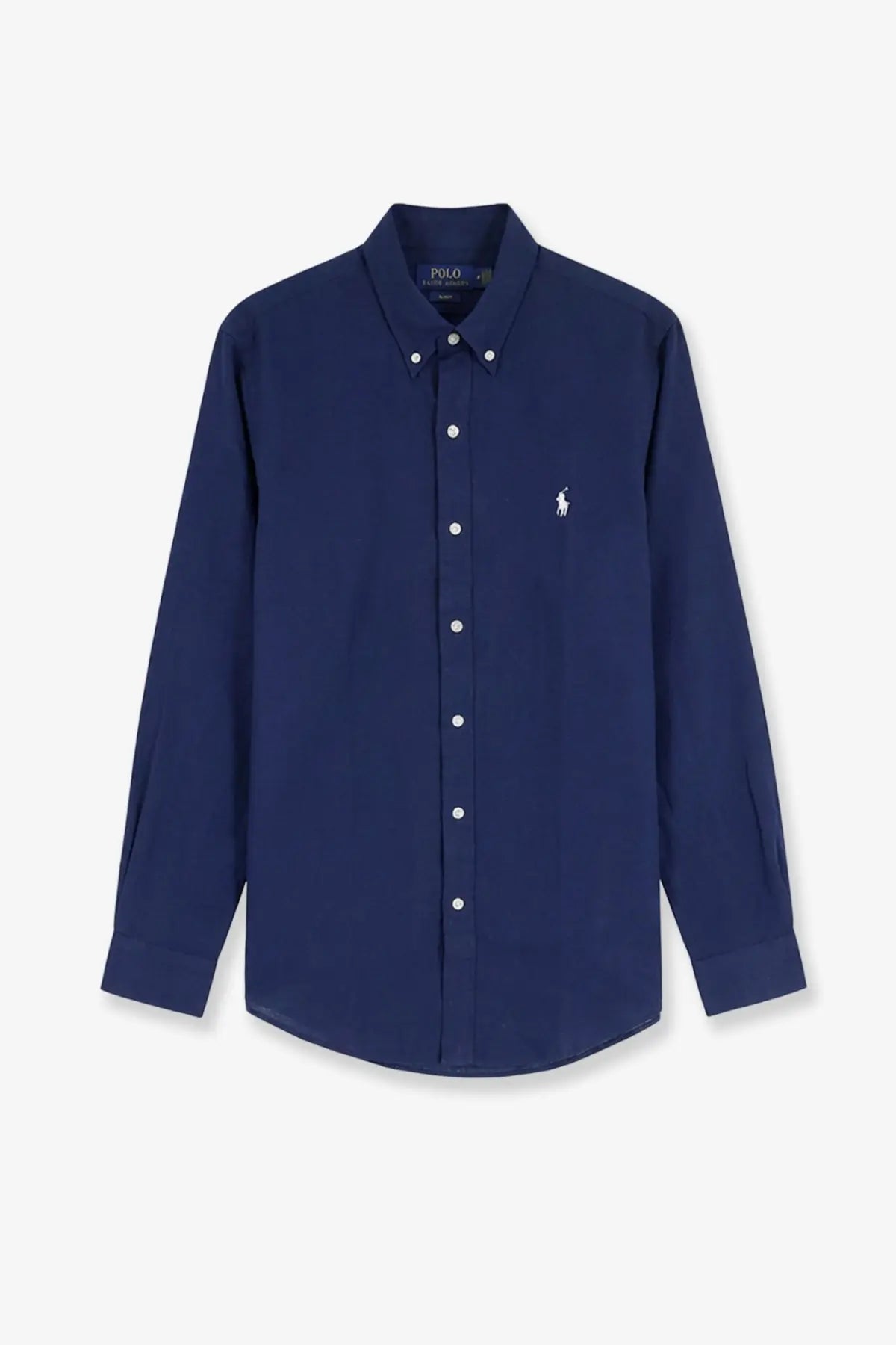 Polo ralph lauren men’s navy blue long-sleeved linen shirt with white embroidered polo player logo and buttons