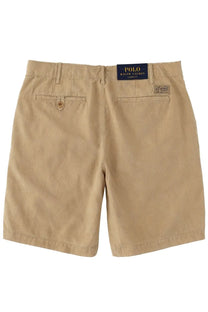 Beige linen chino shorts for men by polo ralph lauren with classic fit navy brand label and buttoned back pockets view