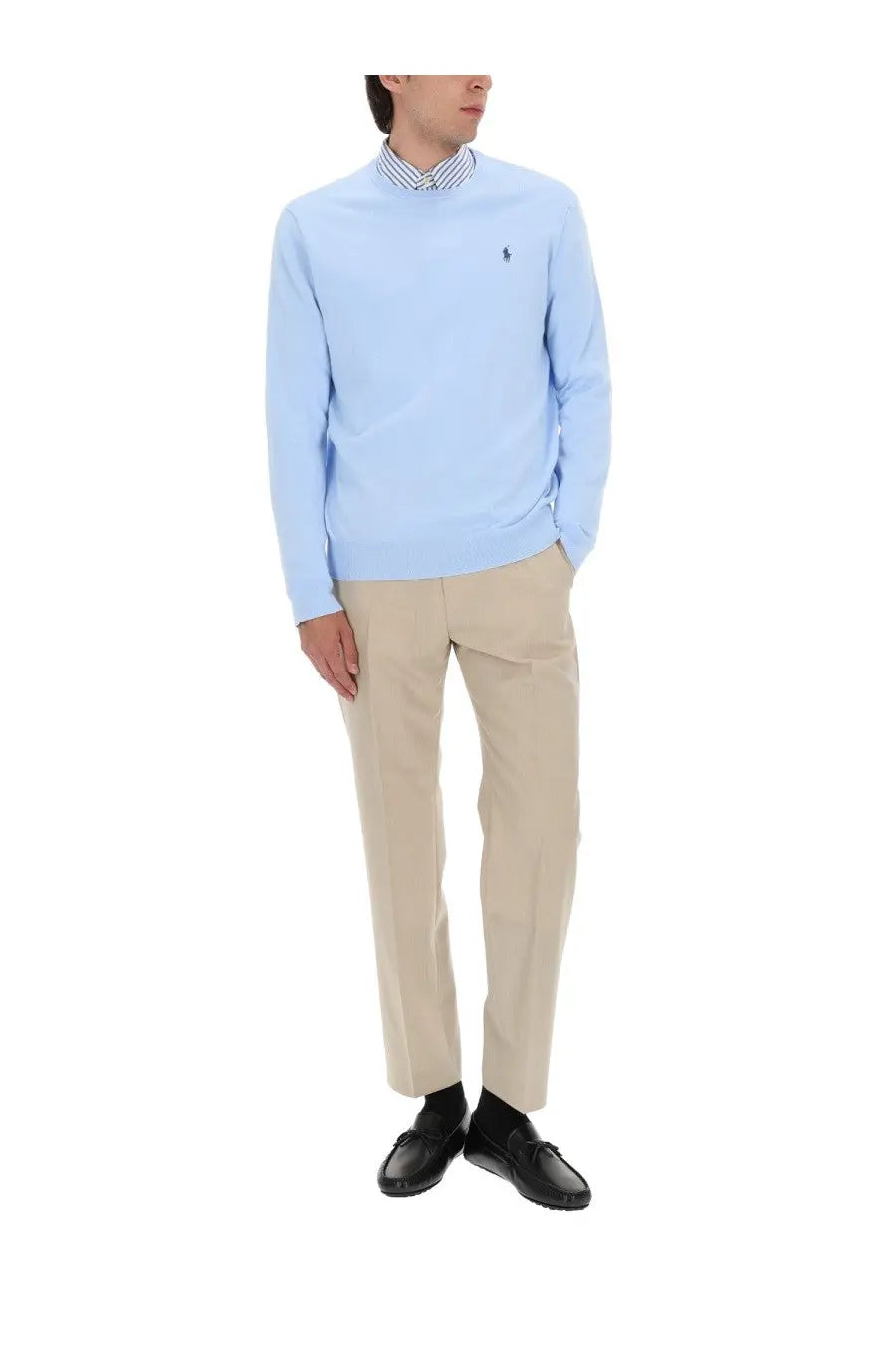 Light blue ralph lauren men’s polo neck sweater with small embroidered logo on left chest in maglia con blue style