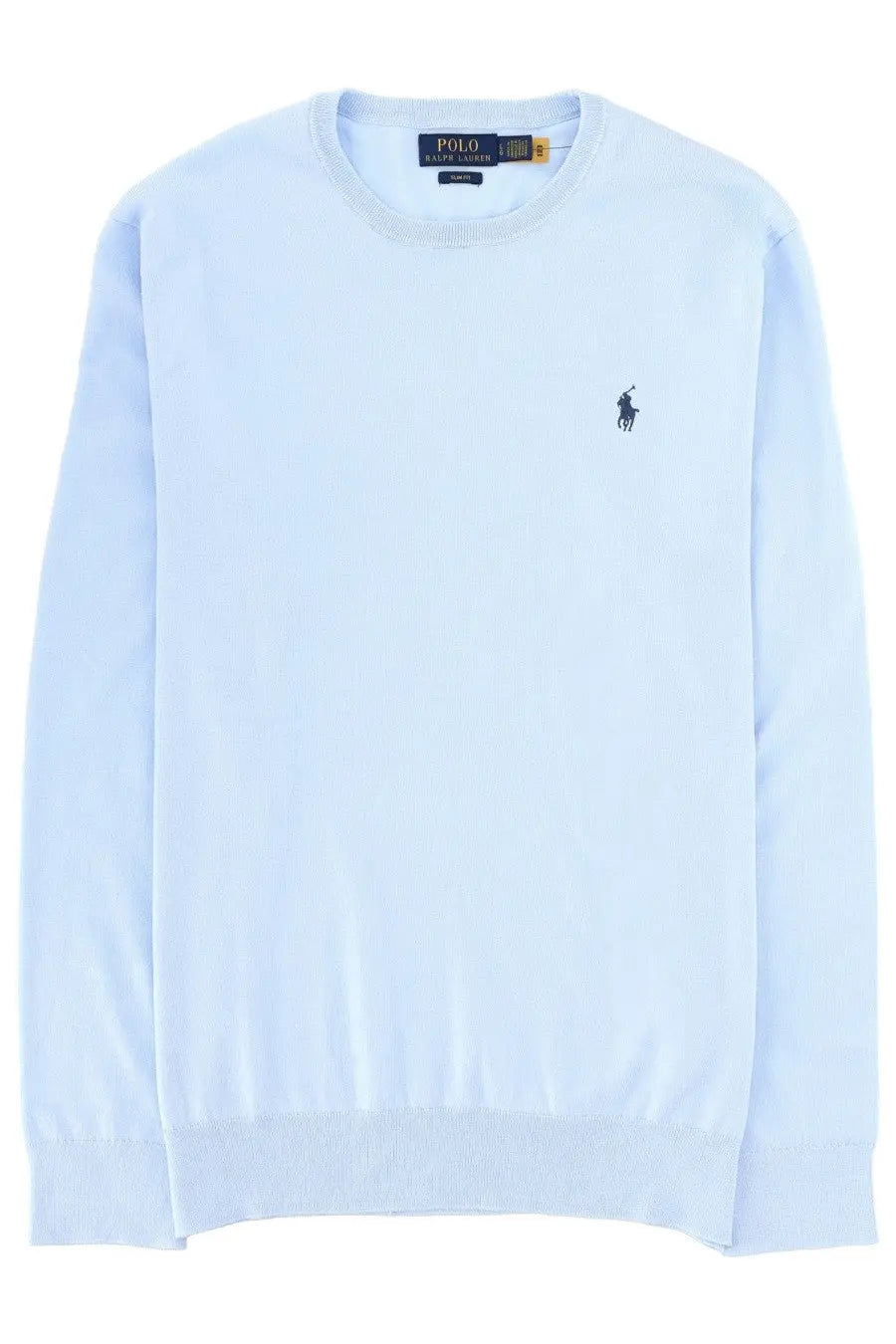Light blue ralph lauren crewneck sweater with navy embroidered polo player logo on left chest for men