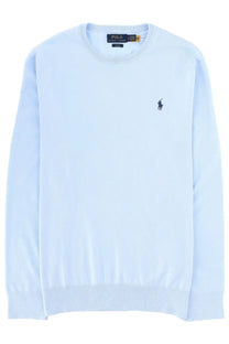 Light blue ralph lauren crewneck sweater with navy embroidered polo player logo on left chest for men