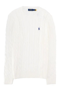 White cable-knit sweater with navy blue embroidered polo ralph lauren logo on chest from polo ralph lauren