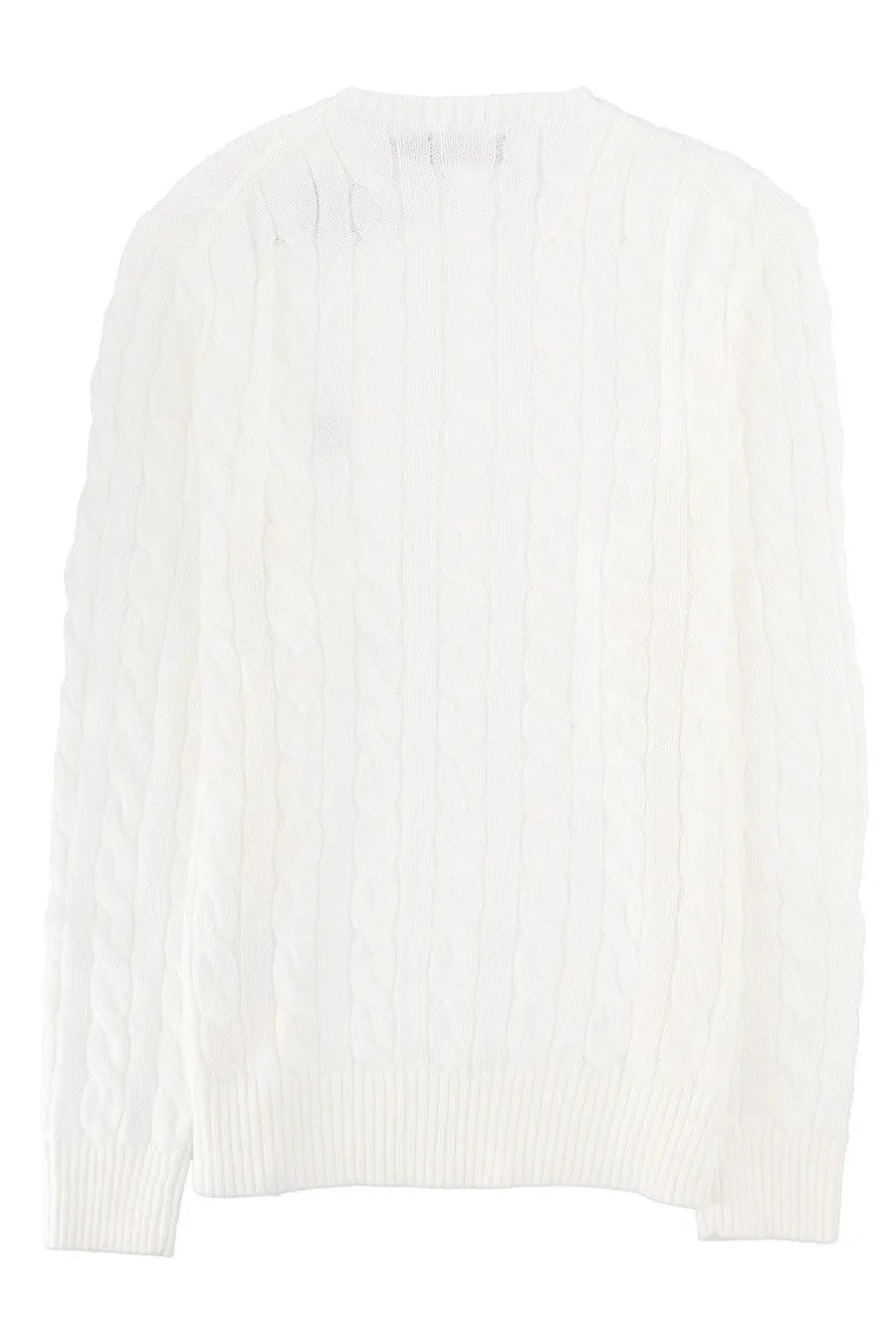 Polo Ralph Lauren men’s white cable-knit sweater with ribbed cuffs and hem in soft maglia trecce fabric