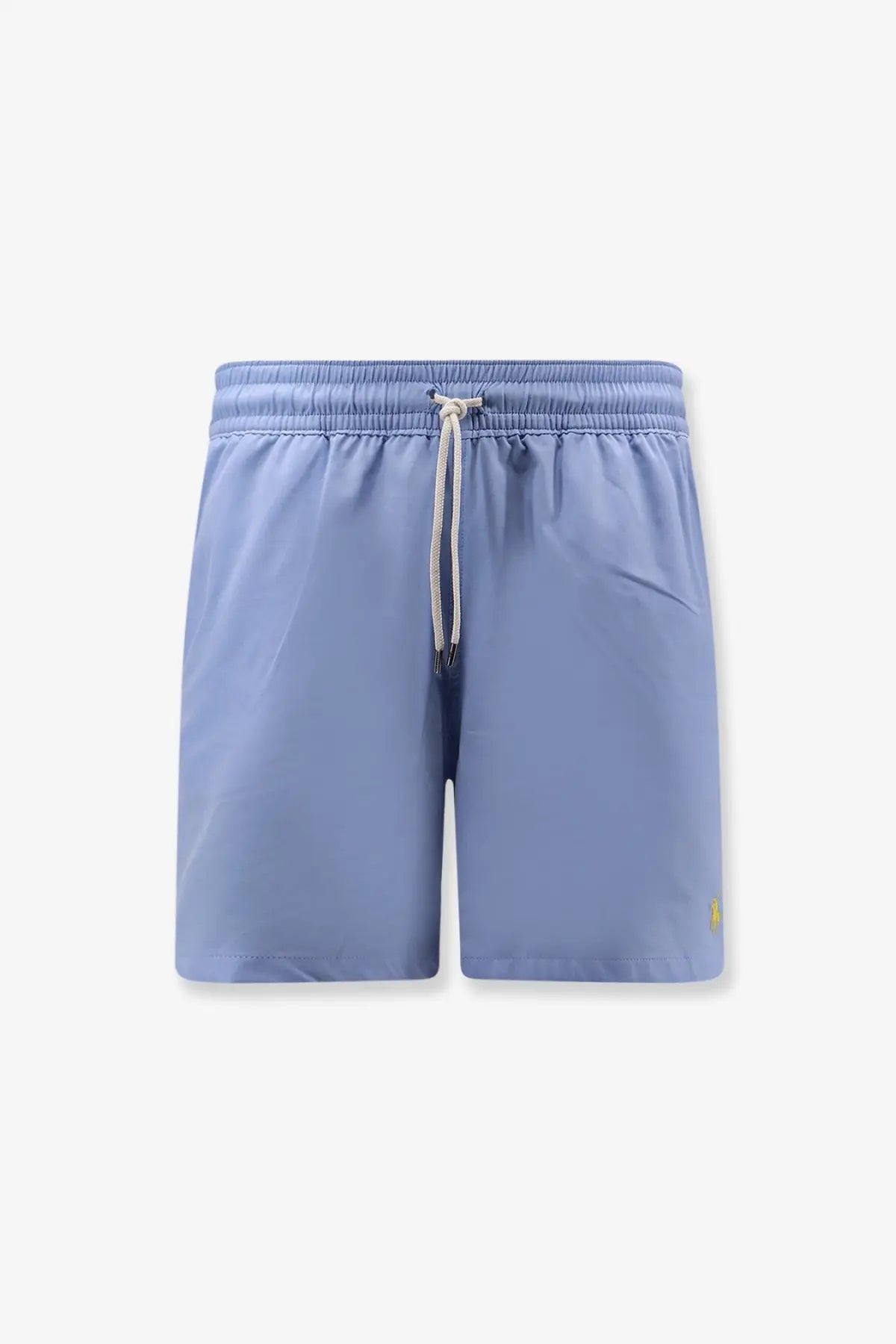 Polo ralph lauren men’s light blue nylon swim trunks with drawstring waistband and yellow logo on lower right leg