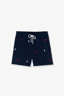Navy blue Polo Ralph Lauren men’s nylon swim trunks with a repeating embroidered polo player logo pattern