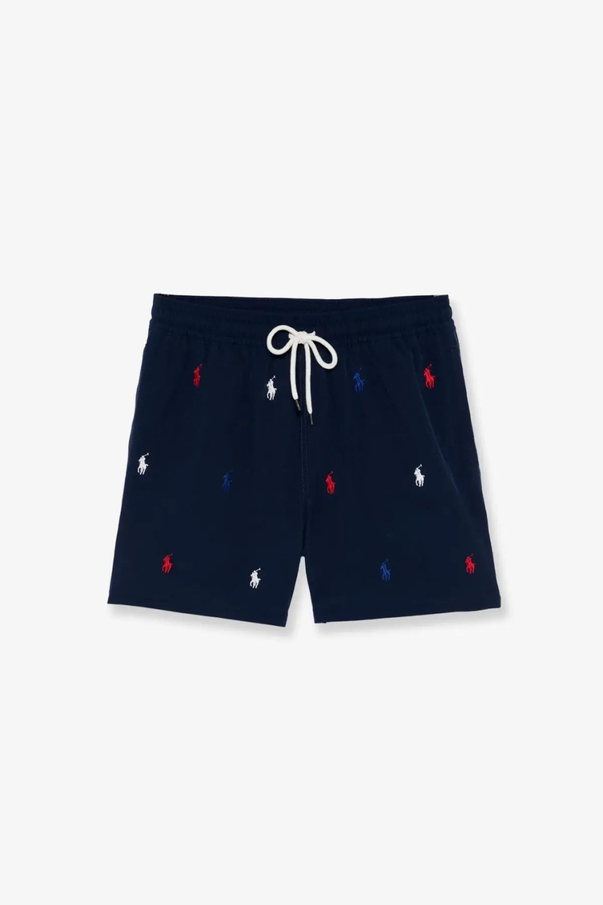 Navy blue Polo Ralph Lauren men’s nylon swim trunks with a repeating embroidered polo player logo pattern in red white and blue