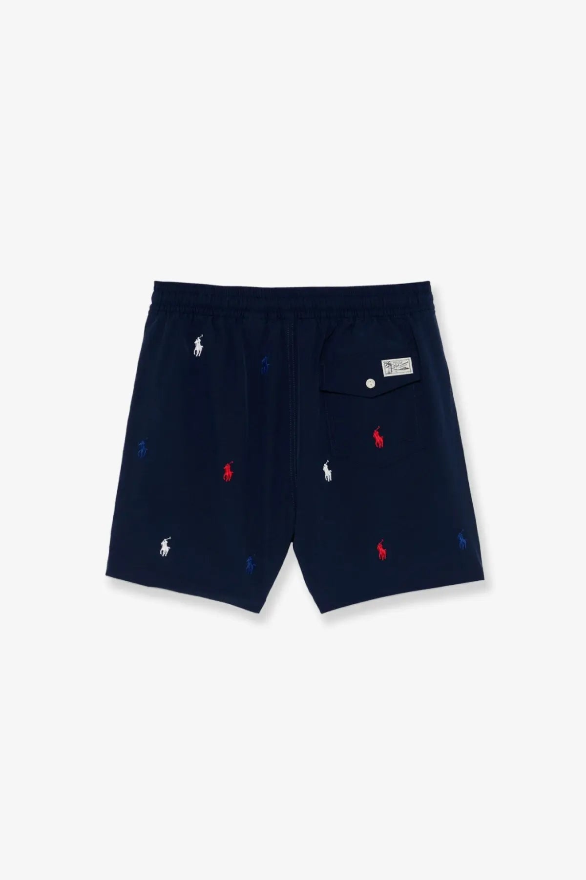 Navy blue embroidered Polo Ralph Lauren men’s nylon swim trunks with red white and blue accents for swimming