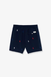 Navy blue embroidered Polo Ralph Lauren men’s nylon swim trunks with red white and blue accents for swimming
