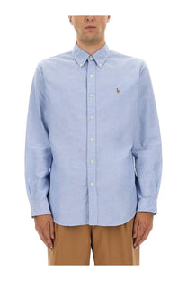 Polo ralph lauren men’s oxford custom shirt in light blue with textured weave and embroidered polo player logo on chest