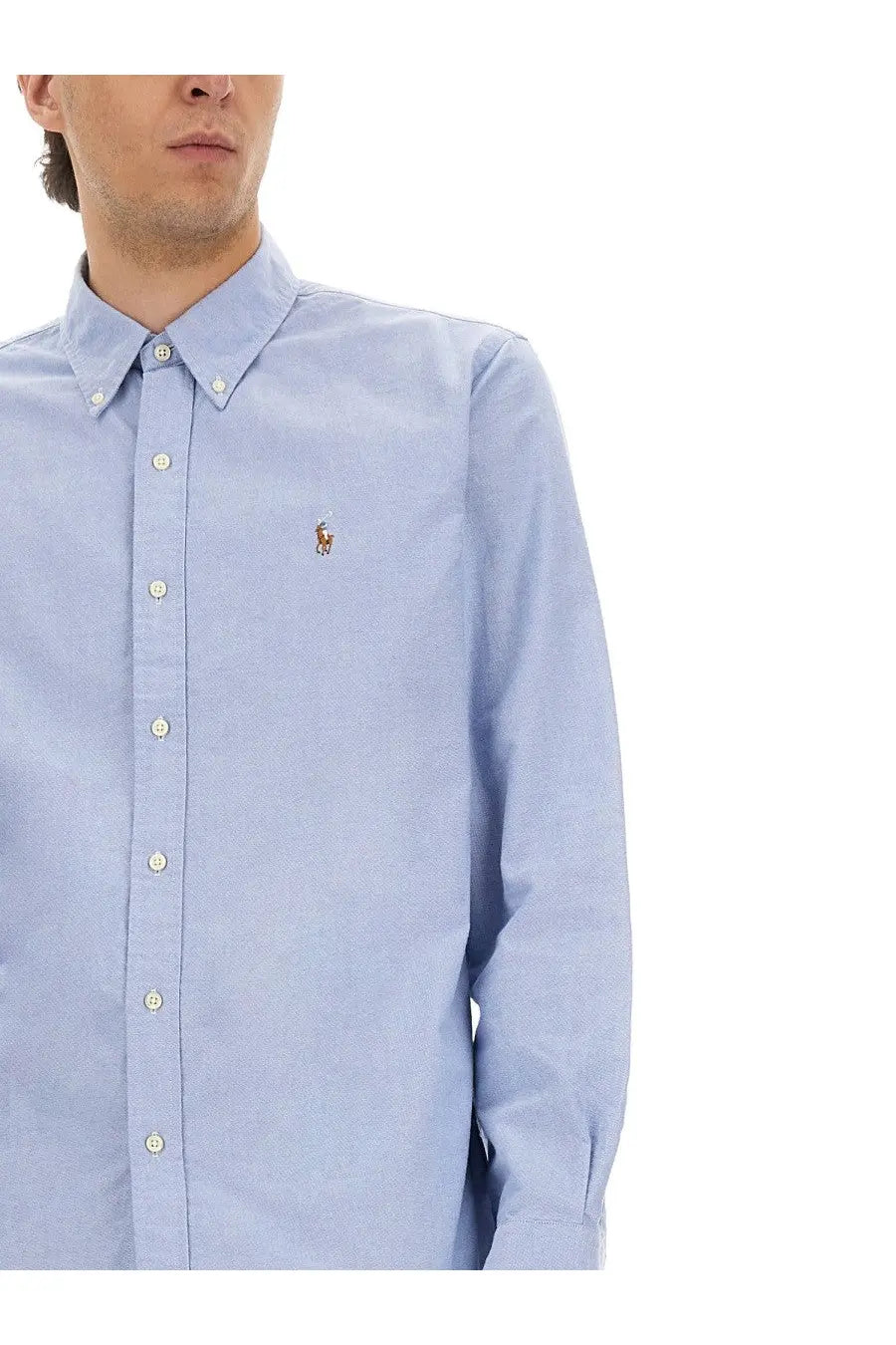 Light blue Polo Ralph Lauren men’s oxford custom shirt with subtle textured weave and embroidered polo player logo