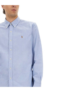 Light blue Polo Ralph Lauren men’s oxford custom shirt with subtle textured weave and embroidered polo player logo