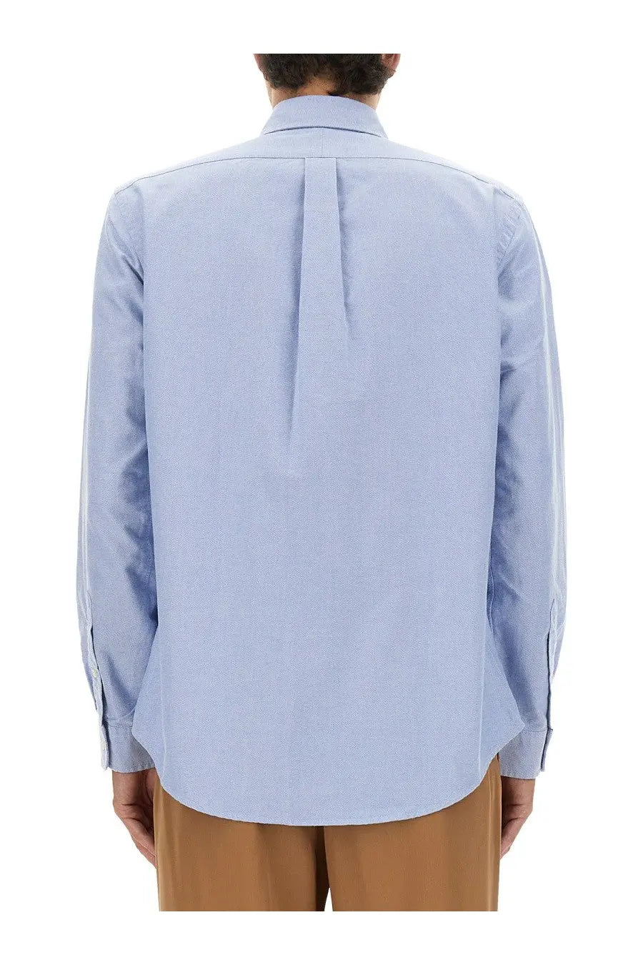 Back view of polo ralph lauren men’s oxford custom light blue cotton button-down shirt with classic pleat and cuffs
