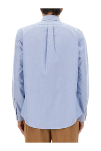 Back view of polo ralph lauren men’s oxford custom light blue cotton button-down shirt with classic pleat and cuffs