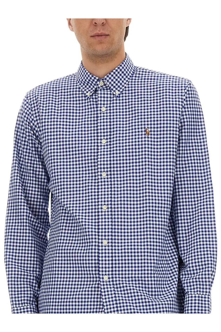 Blue and white gingham cotton button-down shirt with embroidered polo player logo on left chest by polo ralph lauren