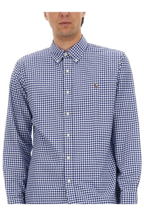 Blue and white gingham cotton button-down shirt with embroidered polo player logo on left chest by polo ralph lauren