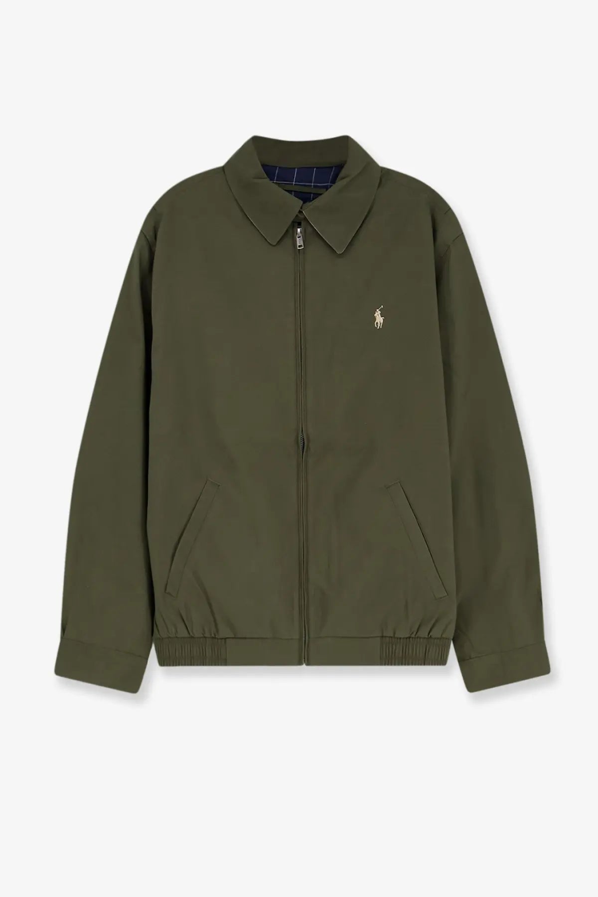 Polo Ralph Lauren men’s olive green zip-up jacket with classic collar embroidered logo made from recycled material
