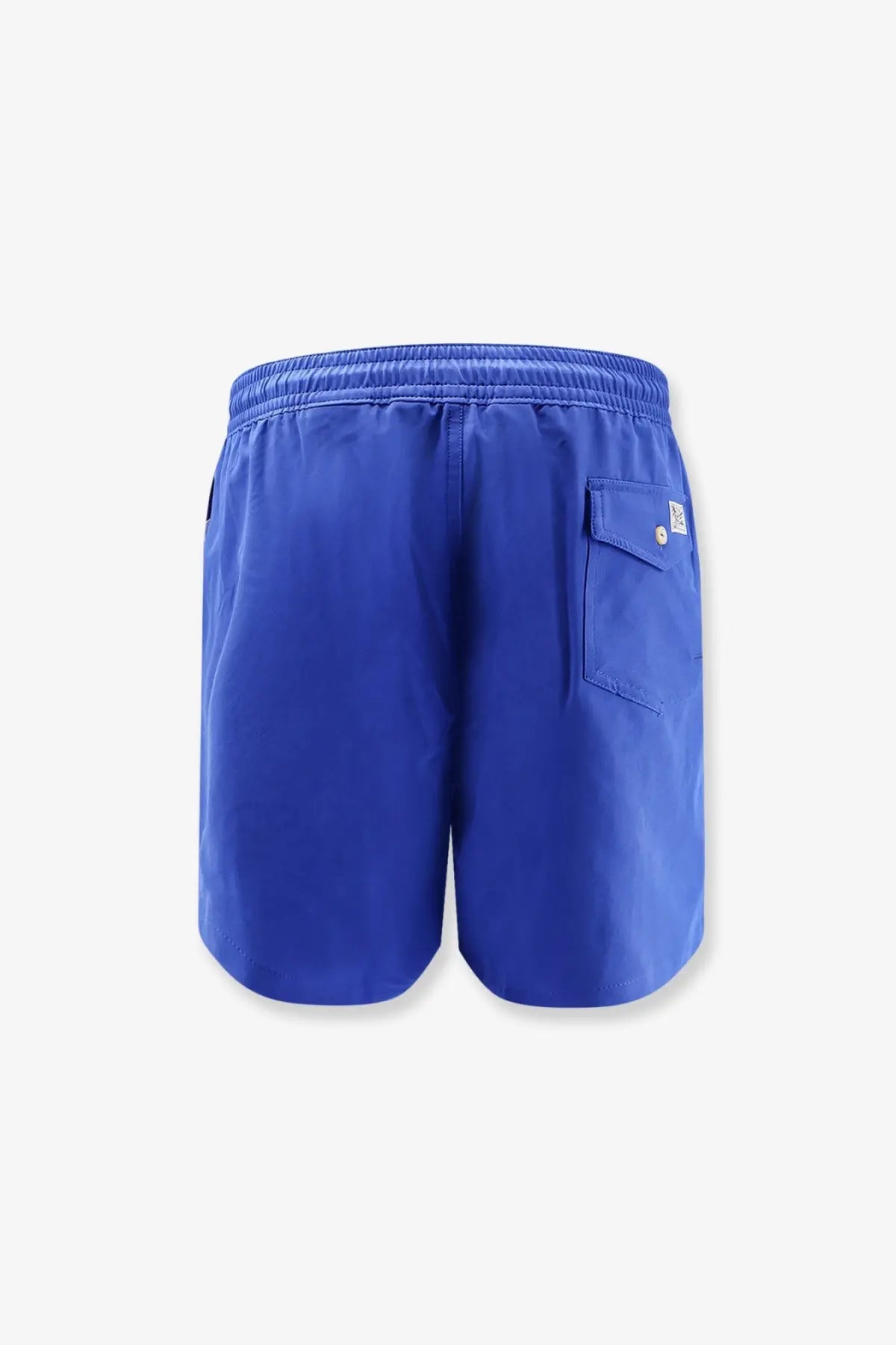 Royal blue polo ralph lauren men’s recycled nylon swim trunks back view with elastic waistband and single pocket logo patch