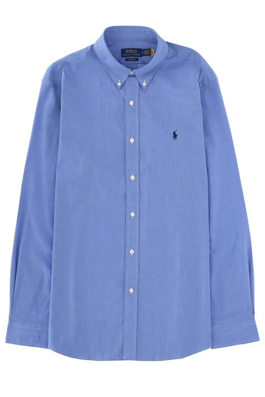 Light blue polo ralph lauren men’s button-down shirt with subtle stripes and embroidered polo player logo on chest