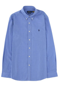 Light blue polo ralph lauren men’s button-down shirt with subtle stripes and embroidered polo player logo on chest