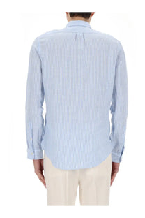 Polo Ralph Lauren men’s light blue and white vertically striped long-sleeved cotton button-down shirt