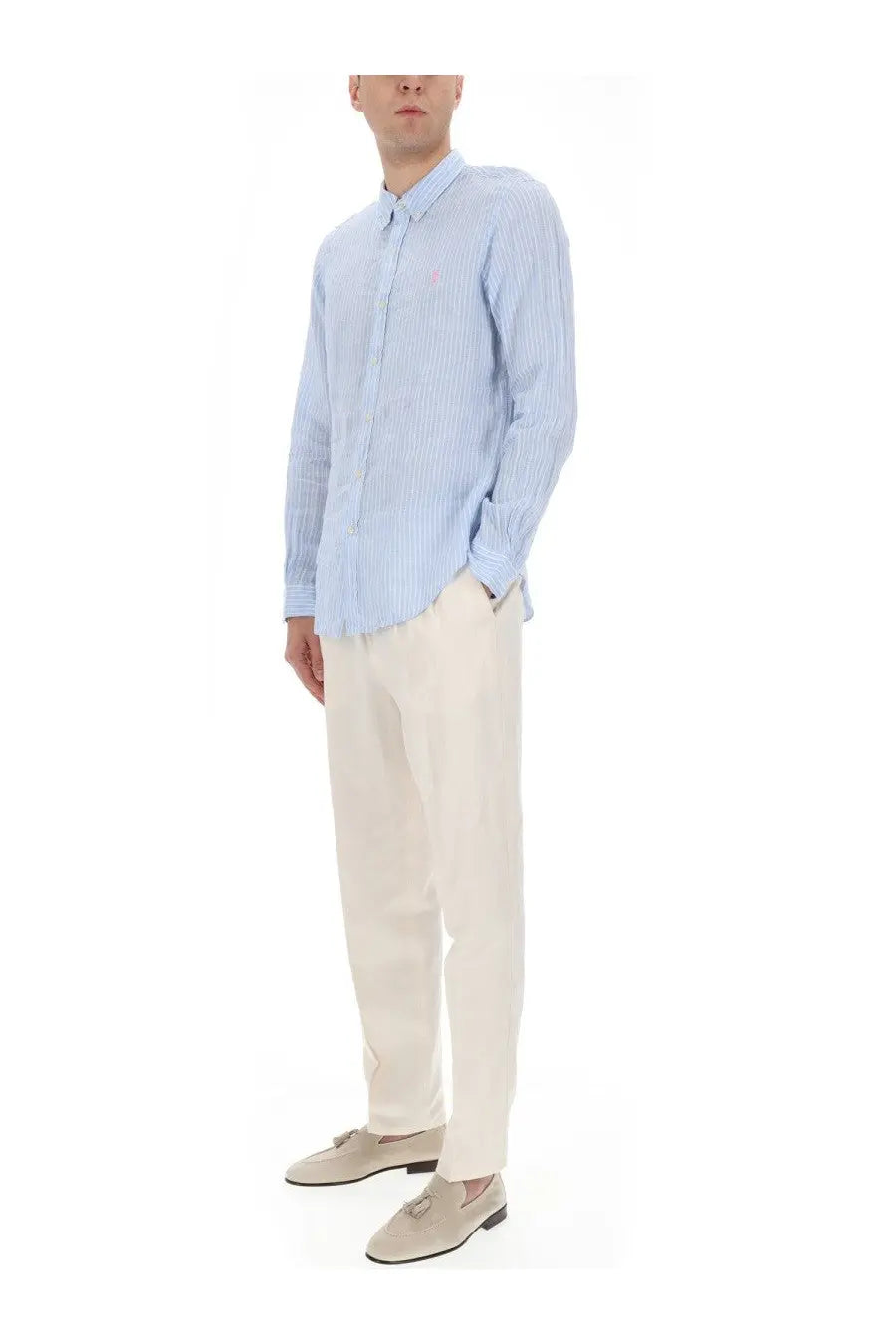 Polo Ralph Lauren men’s light blue and white striped long-sleeved cotton shirt with embroidered logo on left chest