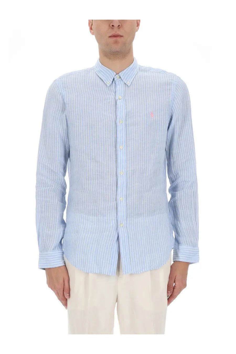 Polo Ralph Lauren men’s light blue and white striped long-sleeved button-down shirt with pink embroidered logo
