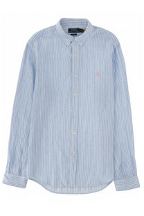 Polo Ralph Lauren men’s light blue and white striped long-sleeved cotton button-down shirt with pink logo