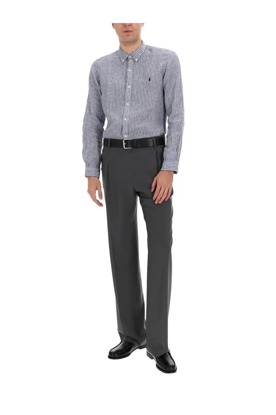 A man wearing a Polo Ralph Lauren men’s blue and white striped button-down shirt with embroidered polo logo