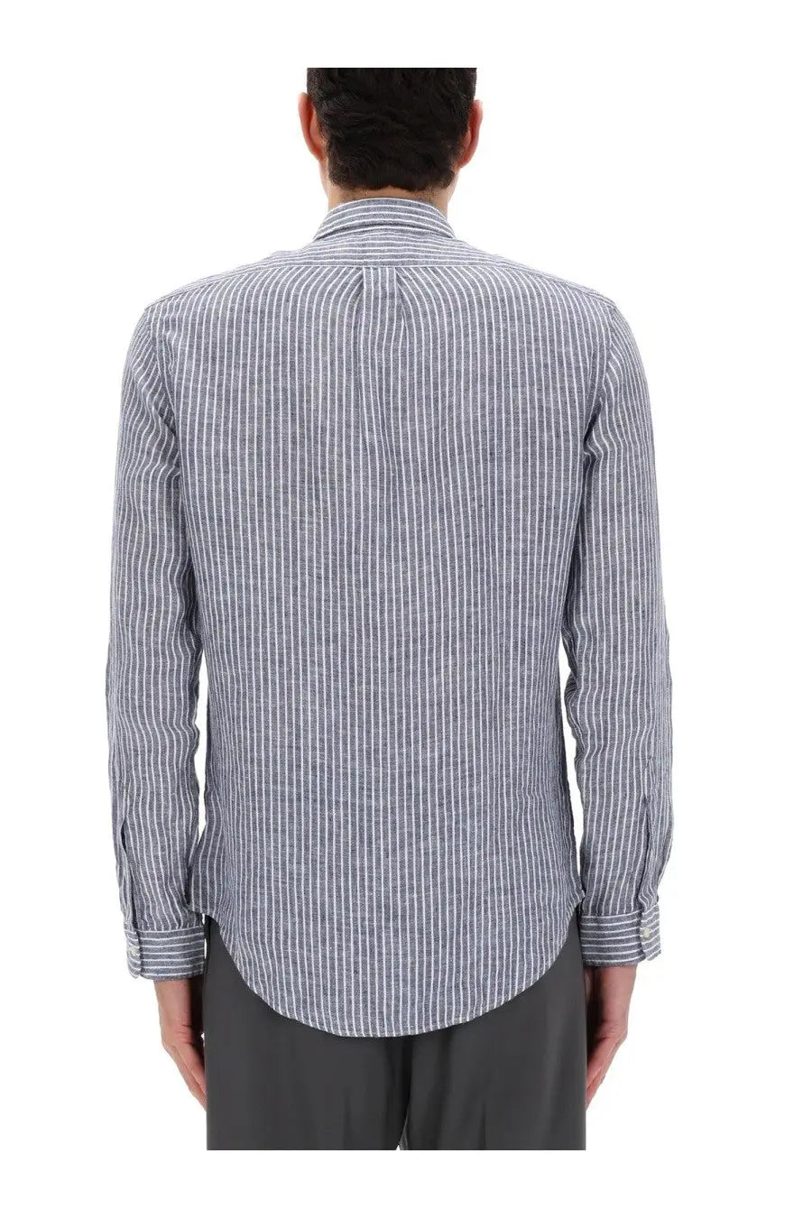 Polo Ralph Lauren men’s long sleeved button down shirt in navy blue and white linen with fine vertical stripes