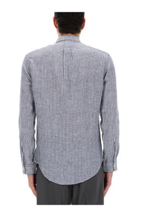 Polo Ralph Lauren men’s long sleeved button down shirt in navy blue and white linen with fine vertical stripes