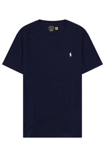Navy blue polo ralph lauren men’s shirt with a small white embroidered polo player logo on the left chest