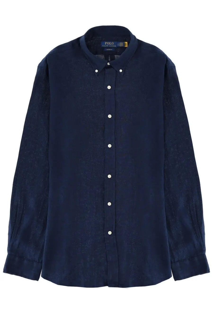 Polo Ralph Lauren men’s navy blue button-down shirt with subtle textured weave and white buttons at collar label