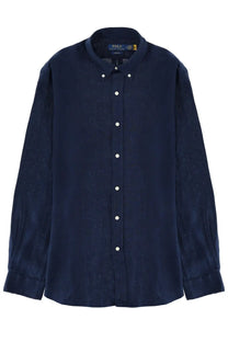 Polo Ralph Lauren men’s navy blue button-down shirt with subtle textured weave and white buttons at collar label