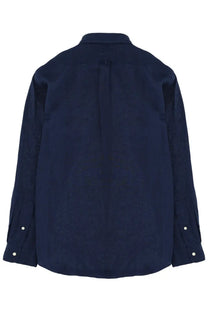 Polo Ralph Lauren men’s navy blue long-sleeved button-down shirt with subtle texture and white buttons
