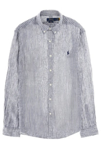 Polo Ralph Lauren men’s navy and white vertically striped button-down shirt with embroidered polo player logo