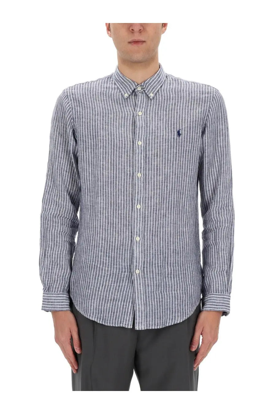 Polo Ralph Lauren men’s long-sleeved shirt in navy and white vertical stripes with embroidered polo player logo