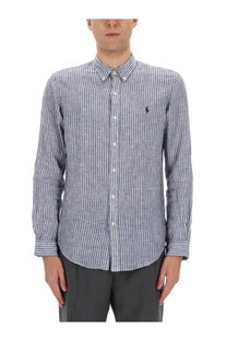 Polo Ralph Lauren men’s long-sleeved shirt in navy and white vertical stripes with embroidered polo player logo