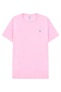 Polo ralph lauren men’s pink short-sleeved cotton t-shirt with small blue embroidered polo player logo on left chest