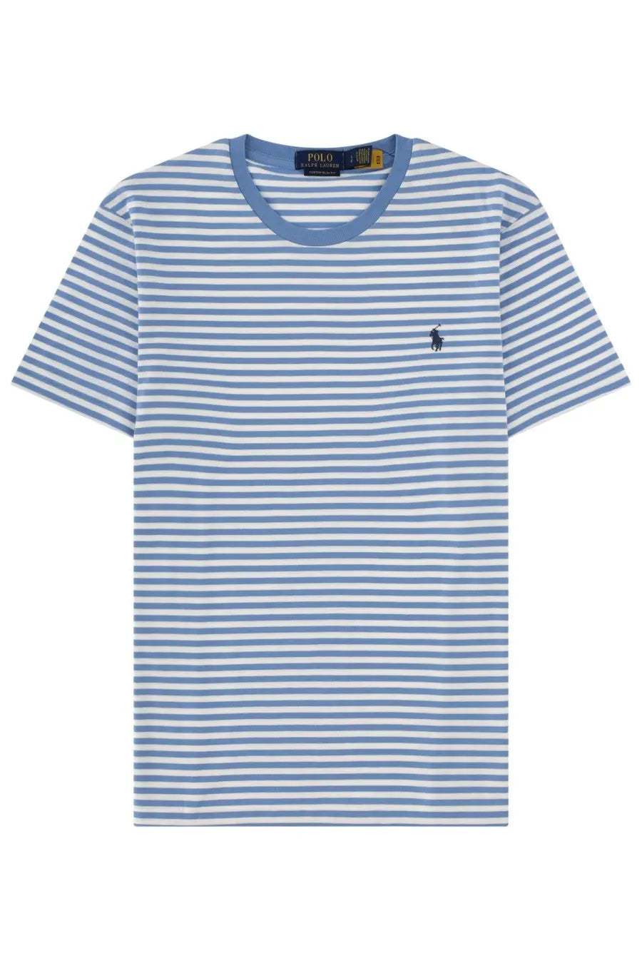 Polo Ralph Lauren men’s blue and white striped cotton t-shirt with navy collar and embroidered polo player logo