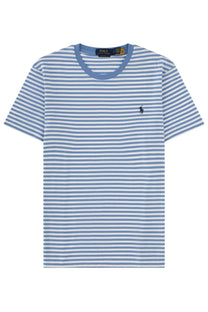 Polo Ralph Lauren men’s blue and white striped cotton t-shirt with navy collar and embroidered polo player logo