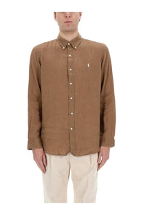 Brown linen button-down shirt for men by polo ralph lauren with small embroidered polo player logo on left chest