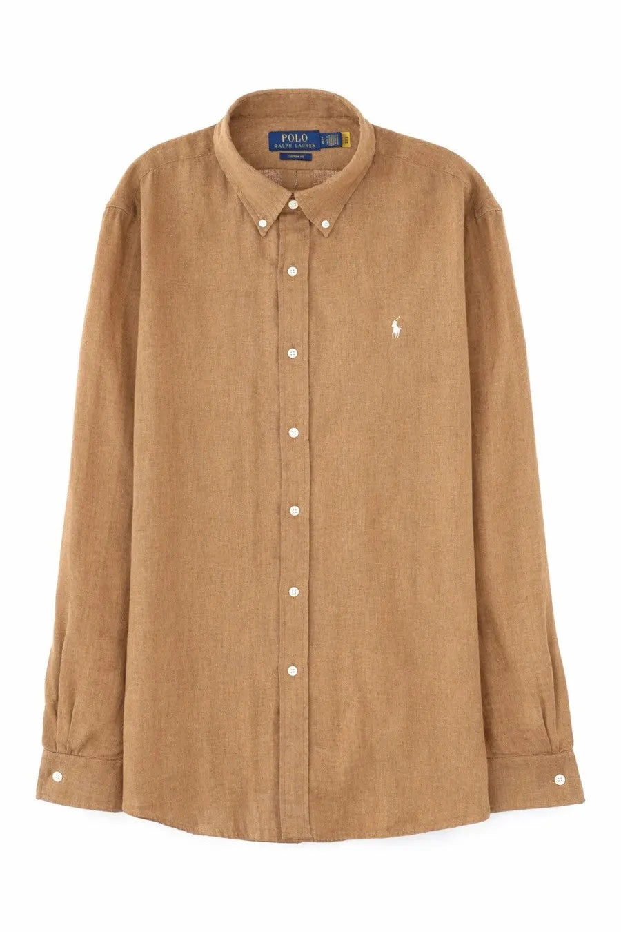 Polo Ralph Lauren men’s tan linen button-down shirt with white buttons and embroidered polo player logo on chest