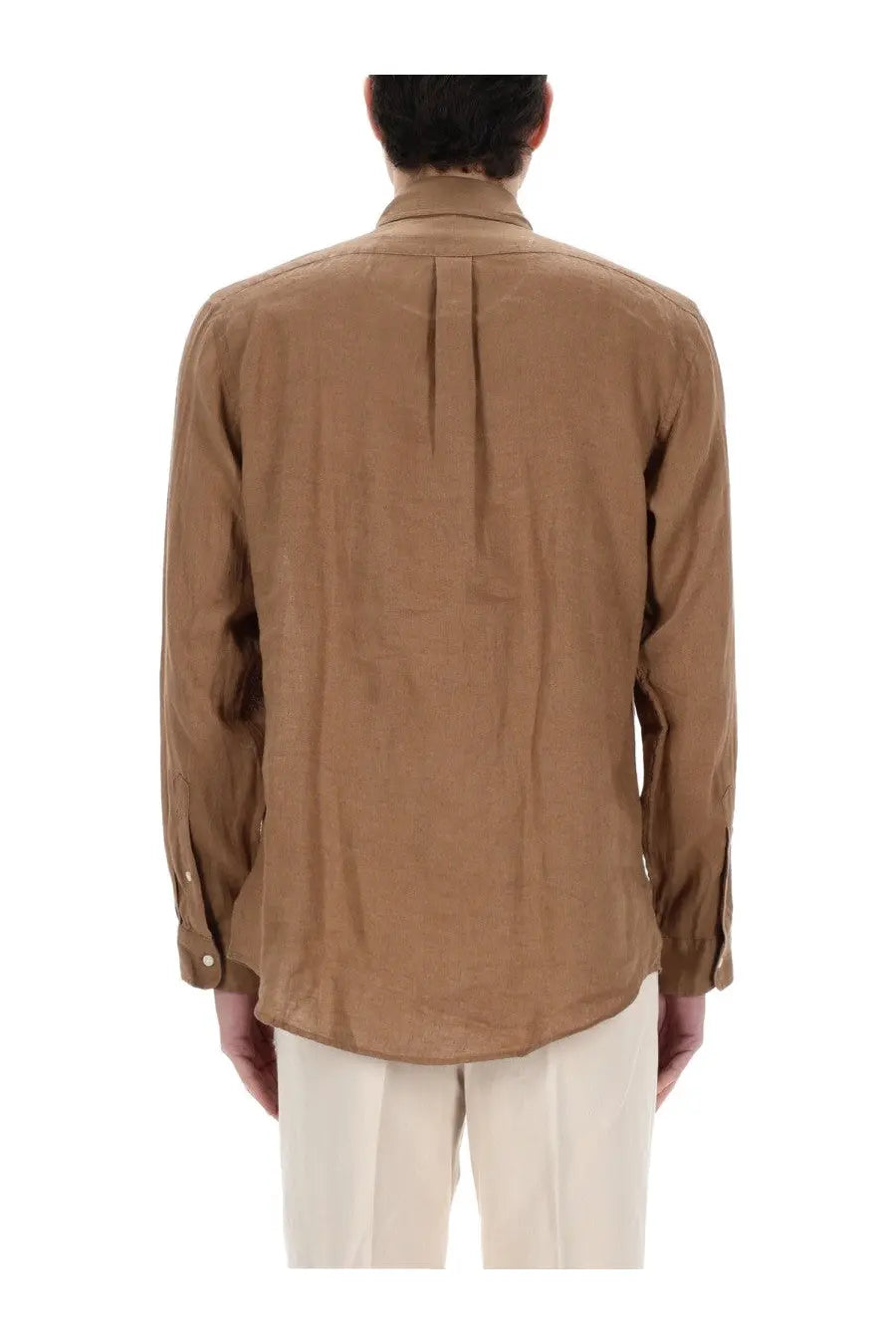 Polo ralph lauren men’s brown tan long-sleeved button-up shirt with subtle texture shown from the back side